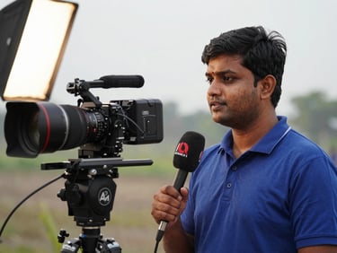 Field journalist on location in Bangladesh with a branded microphone, overcast daylight, cinematic broadcast photography
