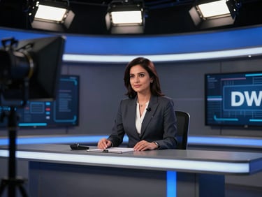 Professional news anchor in a high-tech Dhaka studio setting, dramatic studio key lighting, deep charcoal tones, cinematic broadcast photography