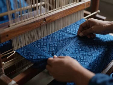 Cinematic close-up of hands weaving intricate Jamdani silk on a wooden loom, soft dramatic side lighting