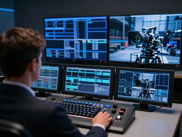 Over-the-shoulder view of a modern television control room with multiple screens, electric blue signal accents, cinematic broadcast photography