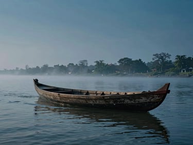 Cinematic broadcast photography of a traditional wooden boat on a misty river in Bangladesh, dramatic morning light, 35mm lens