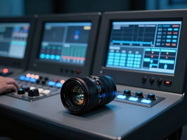 A close-up of a television control room console with illuminated electric blue signals and monitors displaying live broadcast charts, 35mm lens
