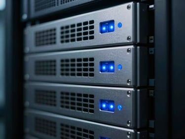 Macro close-up of high-performance server racks in a dark data center, sharp indigo indicator lights reflecting on brushed metal, cool silver-gray tones, 35mm.