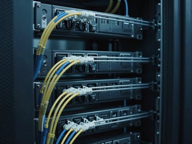 Sleek tech photography of structured fiber optic cabling in a server room, low-key cool indigo lighting, sharp focus, architectural.