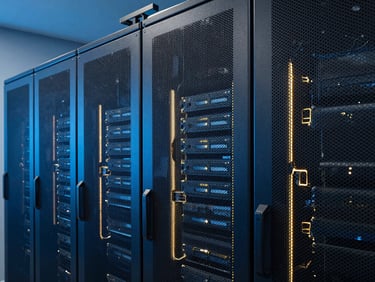 Architectural detail of a modern technology office server room, cool blue studio lighting, sharp focus