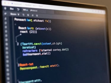Macro photograph of a clean, syntax-highlighted React code repository on a high-end monitor, soft gold ambient light reflecting off the screen, crisp focus, shallow depth of field