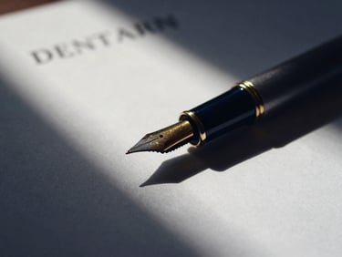 Close-up of a legal document with a fountain pen, side-lit, deep navy and gold tones.