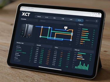 A clean, modern interface showing a system monitoring dashboard with real-time data pipelines and server health indicators on a tablet.