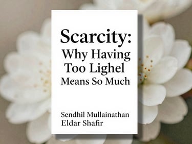 Elegant book cover of 'Scarcity: Why Having Too Little Means So Much' by Sendhil Mullainathan and Eldar Shafir, beside a delicate white flower, soft focus background.