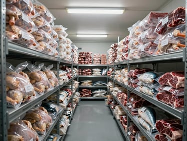 Wide environmental shot of a cold storage room with rows of labeled protein packages—vacuum-sealed poultry, beef cuts, and fish—stacked on metal shelving under bright cool fluorescent lighting, organized by product code, showing industrial-grade volume