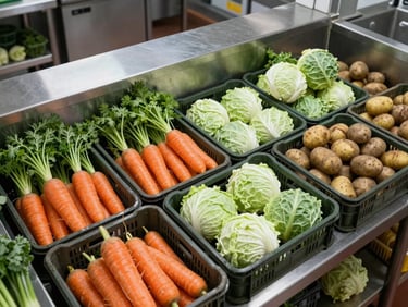 Overhead environmental shot of a vegetable preparation area with crates of fresh produce—carrots, cabbage, potatoes—organized on stainless steel surfaces under bright overhead lighting in a commercial kitchen prep station, showing organized bulk quantity