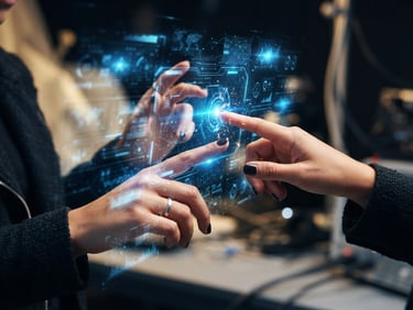 Dynamic close-up of hands interacting with a holographic interface, electric blue light, warm cream tones, digital collage elements, sharp focus.