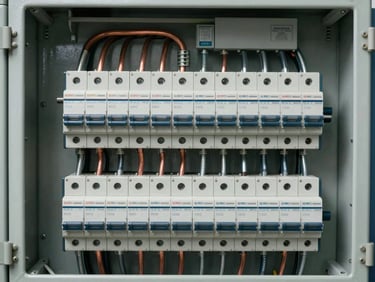 A clean, newly installed electrical distribution board with perfectly organized and labeled circuit breakers, copper busbars visible, high technical precision, sharp lighting.