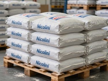 Close-up of industrial sacks of Nicolini flour stacked neatly on wooden pallets inside a clean distribution center, sharp focus, natural side lighting.