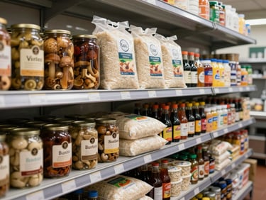 Large commercial kitchen pantry stocked with high-volume food service ingredients, large cans of preserved mushrooms, bags of premium rice, and culinary sauces, bright professional lighting.