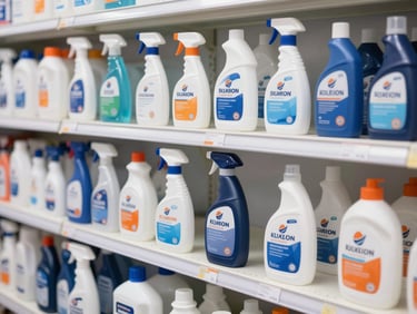 Commercial housekeeping materials, floor cleaners, hand wash, and disinfectants in an organized storage area, bright high-key lighting, crisp navy and orange accents.