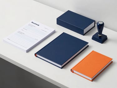 Secure bank stationery, cash books, cheque books, and stamp pads on a clean counter, precise studio lighting, crisp navy and orange accents.