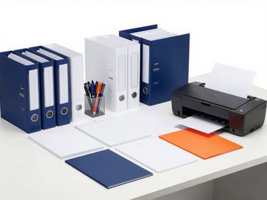 Neatly organized industrial stationery, files, folders, pens, and printer paper on a modern office desk, bright studio lighting, crisp navy and orange accents.
