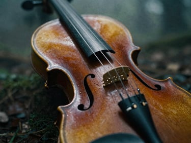 Extreme close-up of a weathered wooden violin body, dust particles in a single beam of light, 35mm grain