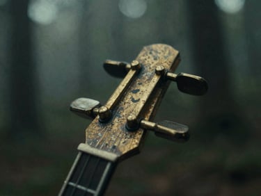 Extreme close-up of a worn brass guitar tuning peg, dark moody lighting, desaturated forest green background, 35mm grain