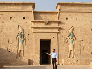 An ancient Egyptian temple facade, beautifully lit by soft morning light, with no tourists in sight. A hand-picked Egyptologist guide gesturing towards the entrance. Shallow depth of field, 35mm.