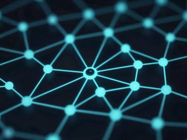 Extreme macro of a high-quality digital display rendering complex cryptographic node graphs, dark obsidian and electric cyan tones