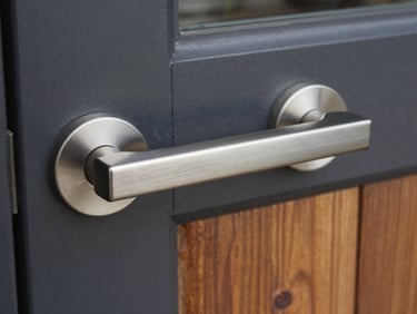 Close-up of a premium brushed steel door handle on a dark contemporary entrance door, sharp focus, 35mm lens