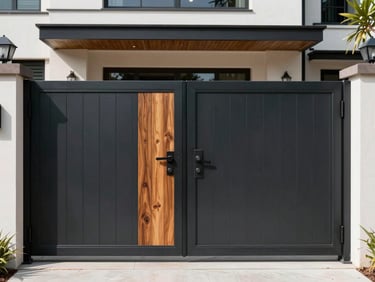 Modern black aluminum gate at the entrance of a contemporary villa, sharp daylight, 35mm lens