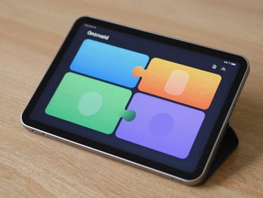 A sleek Android tablet displaying a colorful interactive puzzle interface with large buttons, soft shadows.