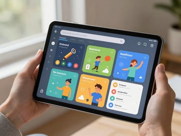 A close-up of a hand holding a modern Android tablet displaying a highly responsive, colorful educational interface under bright natural window light.