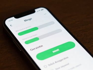 A modern smartphone showing a clean language learning interface with progress bars and electric green accents.