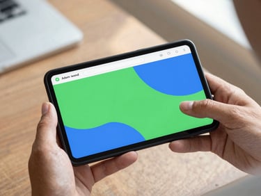 High-fidelity, realistic Android device mockup displaying a vibrant, educational app interface with bold green and blue shapes, held by diverse hands in bright, natural daylight.
