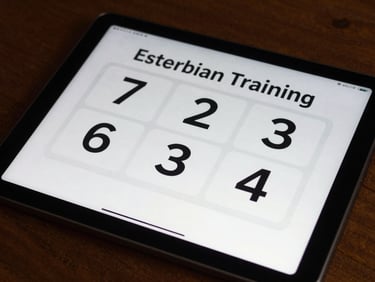 A large tablet displaying a high-contrast brain training game with bold numbers and simple layouts.