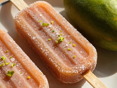 Close-up of a sour mango paleta dusted with sea salt and lime zest, high-contrast shadows.