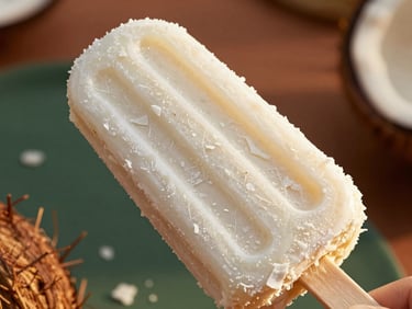 Close-up of a white coconut cream ice pop with textured coconut shreds, golden sunlight.