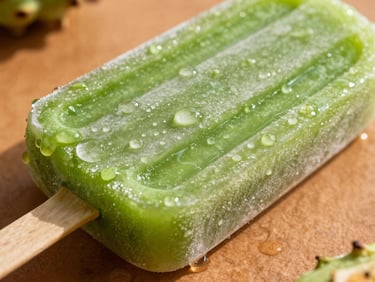 Macro texture of a bright green lulo ice pop with condensation droplets under warm sun.