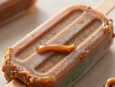 Macro shot of a creamy dulce de leche ice pop with thick caramel swirls, warm lighting.