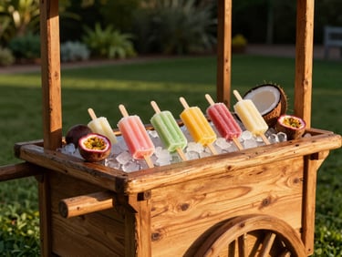 A beautifully styled rustic wooden ice pop cart at an outdoor Sydney garden party, golden-hour sunlight casting warm shadows, colorful artisanal paletas resting on ice with fresh passionfruit and coconut nearby.
