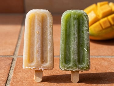 Macro shot of a coconut ice pop and mango ice pop side by side on a terracotta tile, bright golden-hour sunlight with warm shadows, rich textures