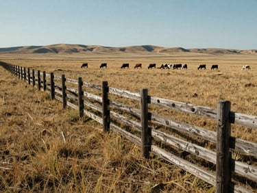 Stark midday light on weathered timber fence lines stretching across the native shortgrass prairie, with a small herd of cattle grazing in the distance.