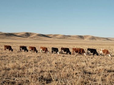 Wide panoramic view of a cattle herd grazing in a structured formation across dry Wyoming shortgrass prairie, low-stress handling, stark midday sun.
