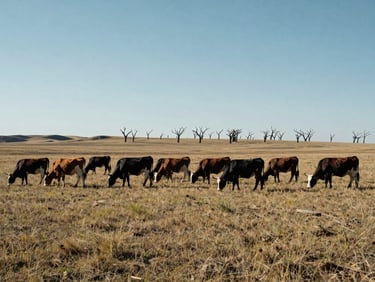Wide shot of a cattle herd grazing in natural formation across native shortgrass prairie, wind-broken timber in the far distance, stark midday sun, high contrast.