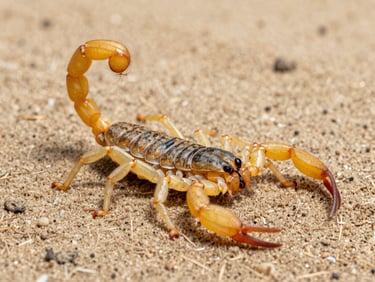 Macro photography of a yellow scorpion on dry sand, sharp focus on the stinger, clinical studio lighting.