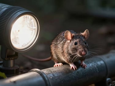 A brown rat near an outdoor drainage pipe, high contrast utility lighting, focused on the animal.