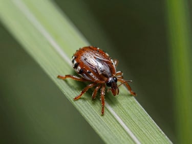 Macro photo of a tick on a blade of grass, high contrast clinical daylight.