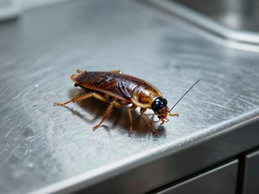 Macro photography of a German cockroach on a stainless steel kitchen counter, cold clinical lighting.
