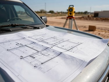 Extreme close-up of technical blueprints spread across a truck hood on a Texas construction site, harsh sunlight casting sharp shadows, surveying equipment blurred in the background.