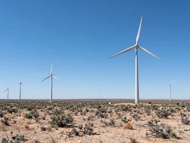 Wide-angle panoramic shot of giant wind turbines stretching across flat West Texas scrubland under a brilliant blue sky.