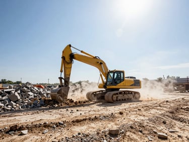Excavator grading limestone soil on a massive construction site, dust catching the harsh midday sun.