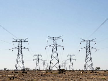 High-voltage transmission towers cutting a straight path through central Texas oak savanna, sharp geometric lines against the sky.